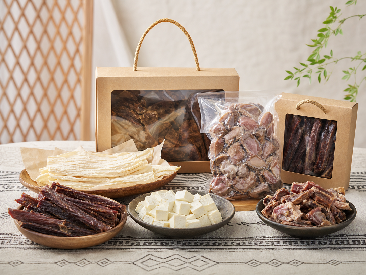 牛肉干、奶皮子、奶豆腐和草原特产礼盒展示